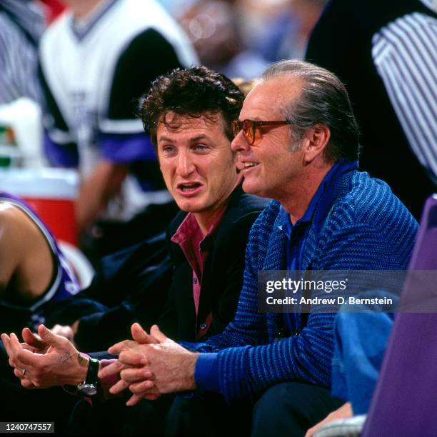 Actors, Sean Penn and Jack Nicholson attend the game between the Los Angeles Lakers and the Sacramento Kings on April 17, 1997 at the Great Western...