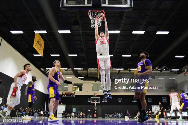 Sean McDermott of the Memphis Hustle dunks the ball during the game South Bay Lakers on March 10, 2022 at UCLA Heath Training Center in El Segundo,...