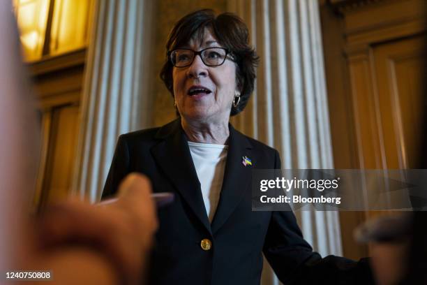 Senator Susan Collins, a Republican from Maine, speaks with members of the media following a vote at the US Capitol in Washington, D.C., US, on...