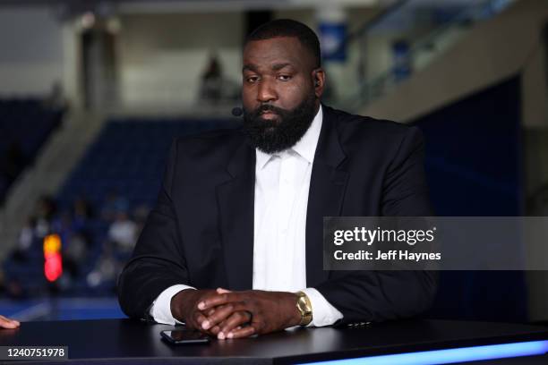 Analyst, Kendrick Perkins, reports on the 2022 NBA Draft Combine on May 18, 2022 at Wintrust Arena in Chicago, Illinois. NOTE TO USER: User expressly...