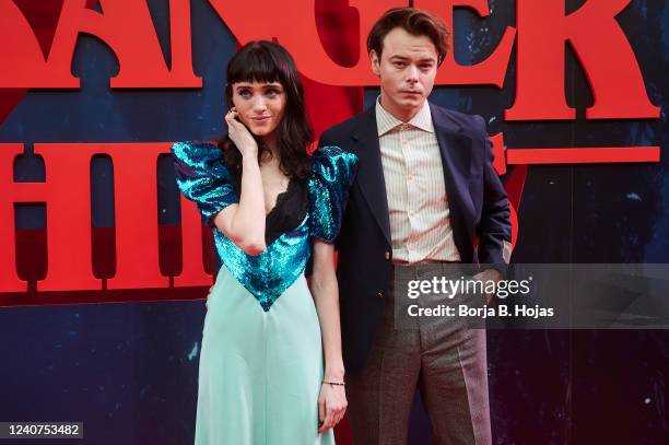 Actress Natalia Dyer and British actor Charlie Heaton attend the season 4 premiere of Netflix's "Stranger Things" at Callao Cinema on May 18, 2022 in...