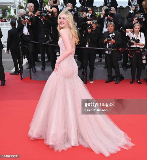 Actress Elle Fanning arrives for screening of the film âTop Gun : Maverickâ at the 75th annual Cannes Film Festival in Cannes, France on May 18, 2022.