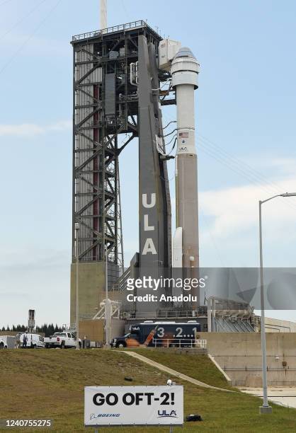 The ULA Atlas V rocket carrying Boeingâs Starliner spacecraft stands at Space Launch Complex 41 for the Orbital Flight Test-2 mission to the...