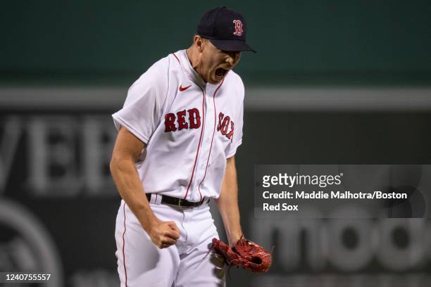 Nick Pivetta of the Boston Red Sox reacts after a strikeout during the seventh inning of a game against the Houston Astros on May 18, 2022 at Fenway...