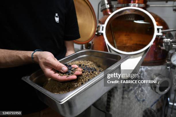 Gagygnole distillery's Gaetan Gyger prepares to distills gin with a 2.5-metre high copper still in Souboz, northern Switzerland on May 10, 2022....