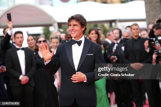 Tom Cruise attends the screening of "Top Gun: Maverick" during the 75th annual Cannes film festival at Palais des Festivals on May 18, 2022 in...