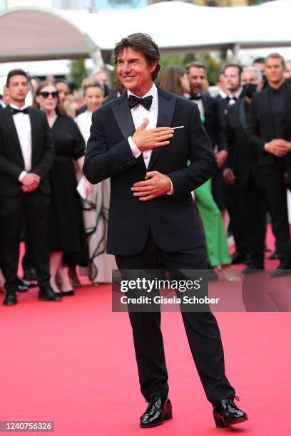 Tom Cruise attends the screening of "Top Gun: Maverick" during the 75th annual Cannes film festival at Palais des Festivals on May 18, 2022 in...