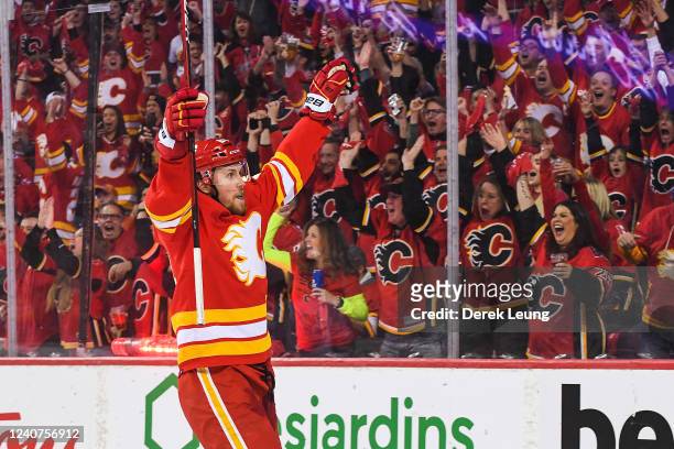 Brett Ritchie of the Calgary Flames celebrates after scoring against the Edmonton Oilers during the first period of Game One of the Second Round of...