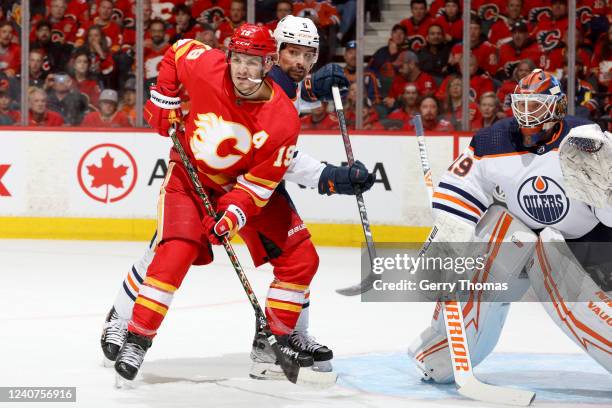 Matthew Tkachuk of the Calgary Flames skates against Cody Ceci of the Edmonton Oilers in Game One of the Second Round of the 2022 Stanley Cup...