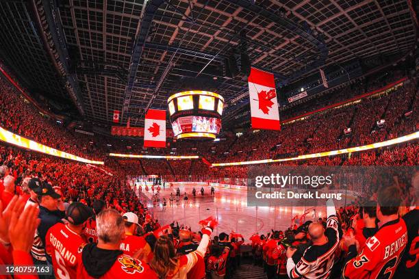 General view as the Canadian national anthem is sung prior to Game One of the Second Round of the 2022 Stanley Cup Playoffs between the Calgary...