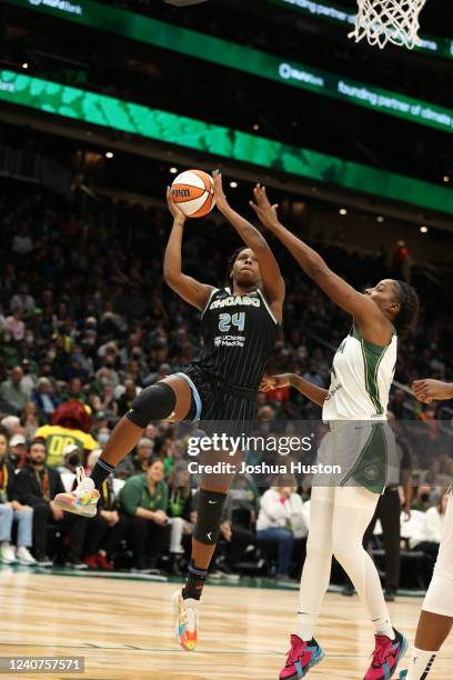 Ruthy Hebard of the Chicago Sky drives to the basket during the game against the Seattle Storm on May 18, 2022 at Climate Pledge Arena on May 18,...