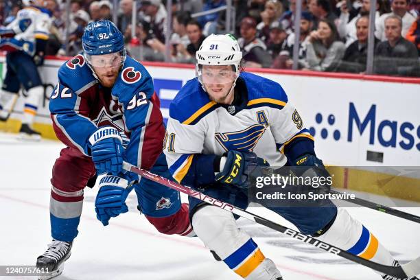 Colorado Avalanche left wing Gabriel Landeskog works against St. Louis Blues right wing Vladimir Tarasenko during a Stanley Cup Playoffs round 2 game...