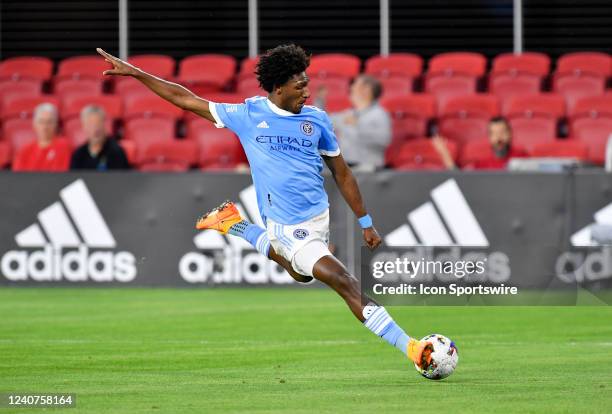 New York City FC forward Talles Magno takes a shot on goal during the New York City FC versus D.C. United Major League Soccer game on May 18, 2022 at...