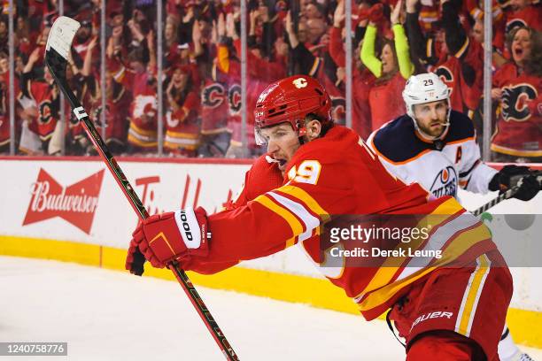 Matthew Tkachuk of the Calgary Flames celebrates after scoring against the Edmonton Oilers during the third period of Game One of the Second Round of...