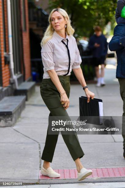Uma Thurman is seen on the movie set of 'The Kill Room' on May 18, 2022 in New York City.