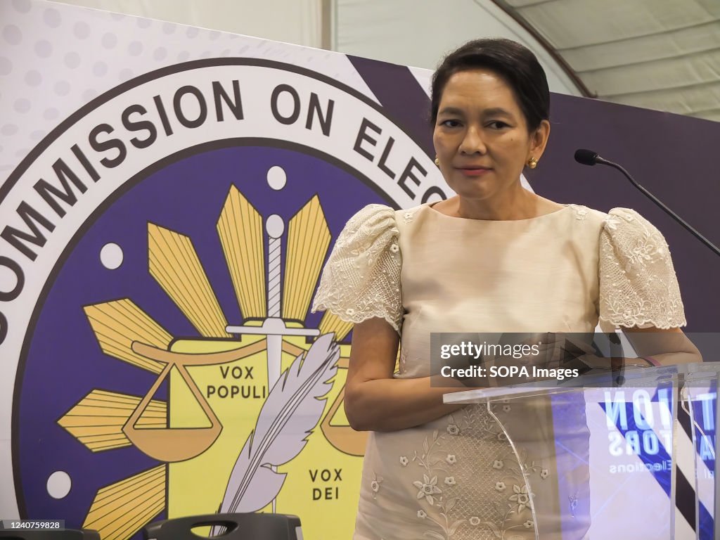 Senator Risa Hontiveros is seen during a media press...