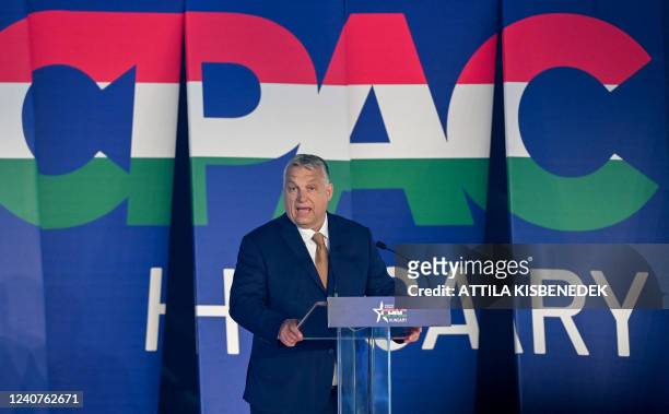 Hungarian Prime Minister Viktor Orban addresses a keynote speech during an extraordinary session of the Conservative Political Action Conference at...