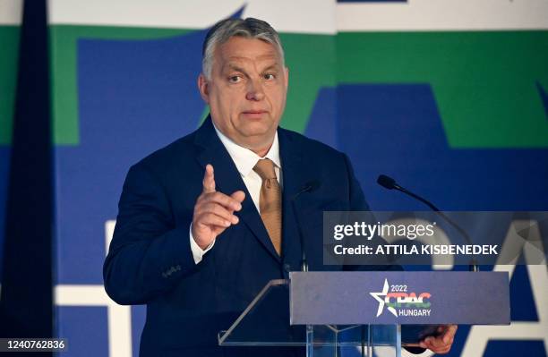 Hungarian Prime Minister Viktor Orban addresses a keynote speech during an extraordinary session of the Conservative Political Action Conference at...