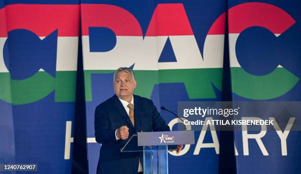 Hungarian Prime Minister Viktor Orban addresses a keynote speech during an extraordinary session of the Conservative Political Action Conference at...