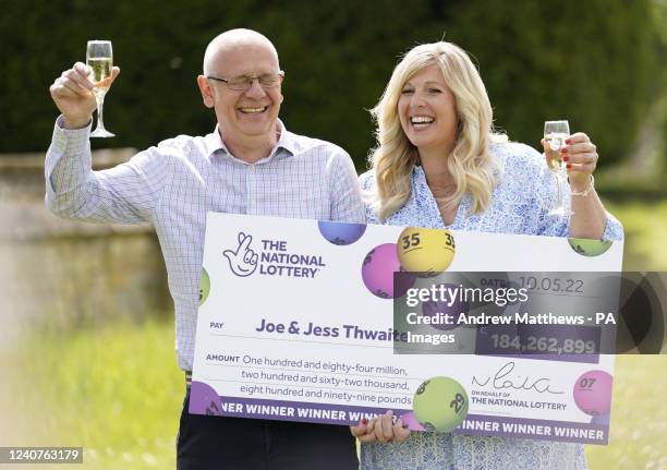 Joe Thwaite and Jess Thwaite from Gloucestershire celebrate after winning the record-breaking EuroMillions jackpot of £184M from the draw on Tuesday...