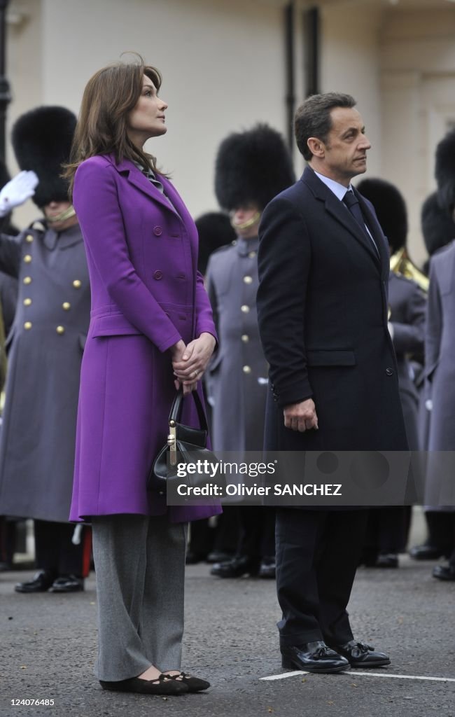 French President Nicolas Sarkozy And Wife Carla Bruni Sarkozy Attend The Laying Of A Wreath At The Statue Of Charles De Gaule In London, United Kingdom On March 27, 2008.