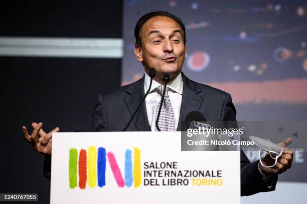 Alberto Cirio, President of Piedmont, speaks on stage during 34th Turin International Book Fair. Turin International Book Fair is Italy's largest...