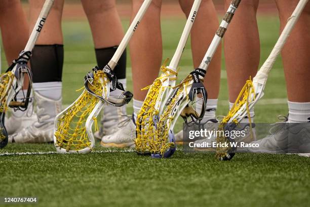 Womens College Lacrosse: A close up general shot of lacrosse sticks during the Boston College Eagles vs Notre Dame Fighting Irish game at Alumni...