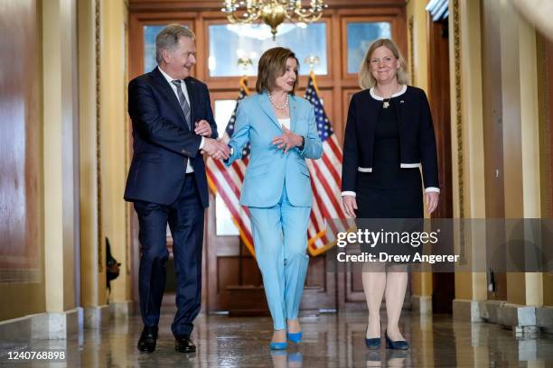 Speaker of the House Nancy Pelosi welcomes President of Finland Sauli Niinisto and Prime Minister of Sweden Magdalena Andersson for a meeting at the...