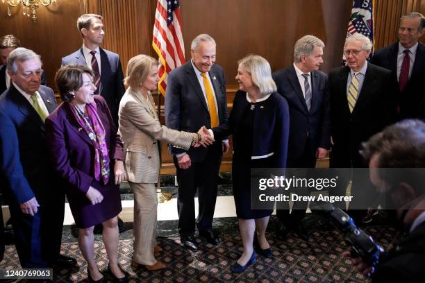 Along with a bipartisan group of Senators, Sen. Shelley Moore Capito shakes hands with Prime Minister of Sweden Magdalena Andersson as Senate...