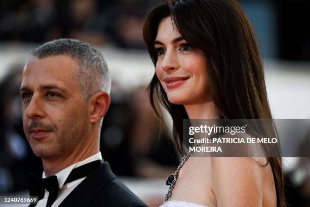 Actor Jeremy Strong and US actress Anne Hathaway arrive for the screening of the film "Armageddon Time" during the 75th edition of the Cannes Film...