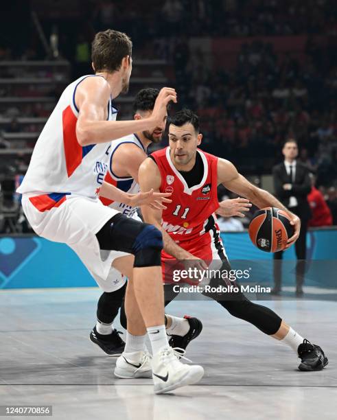 Kostas Sloukas, #11 of Olympiacos Piraeus in action during the 2022 Turkish Airlines EuroLeague Final Four Belgrade Semifinal B match between...
