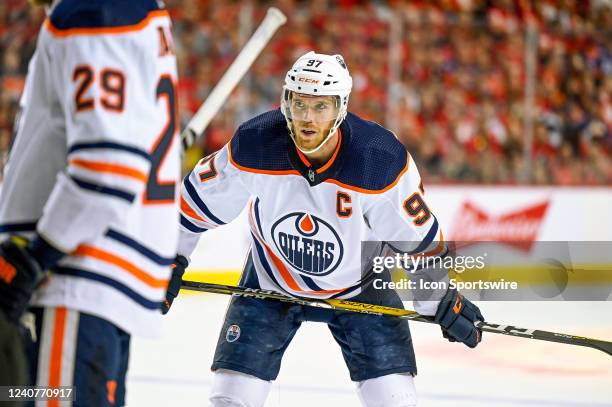 Edmonton Oilers Center Connor McDavid looks on before a face-off during the first period of game 1 of the second round of the NHL Stanley Cup...