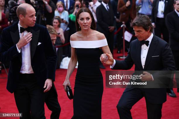 Prince William, Duke of Cambridge and Catherine, Duchess of Cambridge are accompanied by star actor Tom Cruise as they arrive for the "Top Gun:...