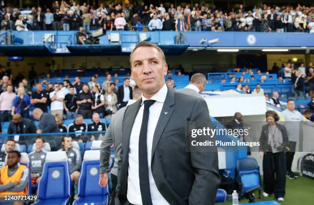 Leicester City Manager Brendan Rodgers during the Premier League match between Chelsea and Leicester City at Stamford Bridge on May 19, 2022 in...