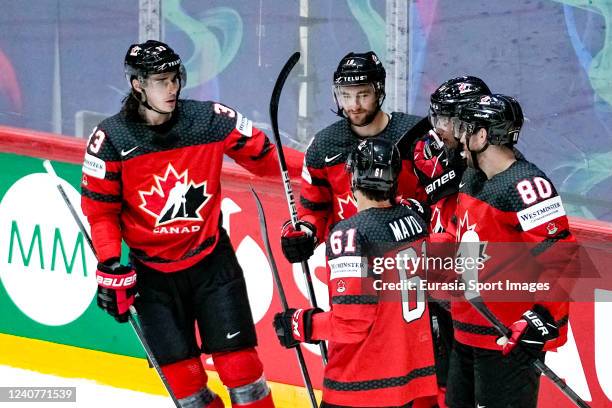 Team Canada celebrates their goal during the 2022 IIHF Ice Hockey World Championship match between Canada and Kazakhstan at Helsinki Ice Hall on May...