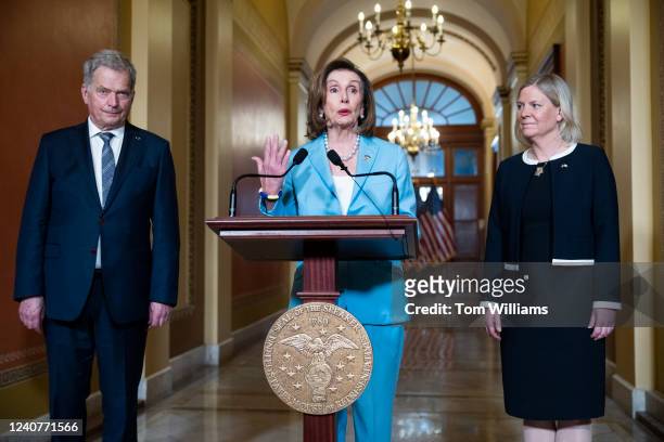 Speaker of the House Nancy Pelosi, D-Calif., Finnish President Sauli Niinisto, and Swedish Prime Minister Magdalena Andersson, right, address the...