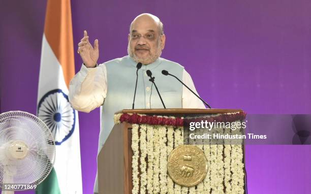 Home Minister Amit Shah addresses during a three-day international seminar on "Revisiting The Ideas of India from 'Swaraj' to 'New India'" organised...
