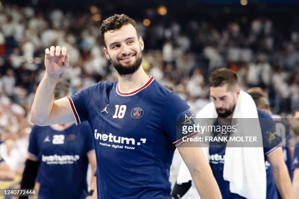 S Nedim Remili reacts during the EHF Champions League quarter-final 2nd-leg handball match THW Kiel v Paris Saint-Germain Handball at Wunderino Arena...