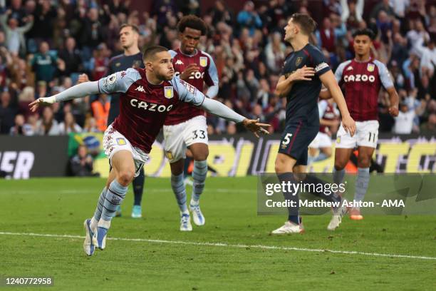 Emiliano Buendia of Aston Villa celebrates after scoring a goal to make it 1-1 during the Premier League match between Aston Villa and Burnley at...