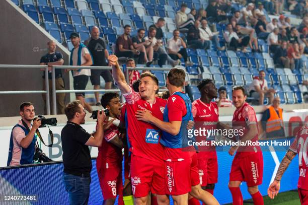 Sion team celebrates the win during the Super League match between FC Lausanne-Sport and FC Sion at Stade de la Tuiliere on May 19, 2022 in Lausanne,...