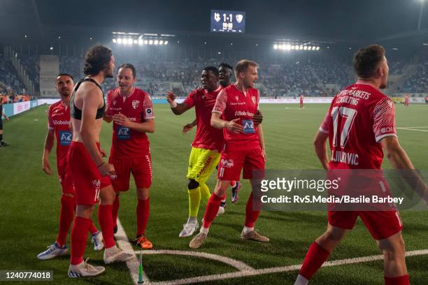 Anto Grgic of FC Sion celebrates his goal with teammates during the Super League match between FC Lausanne-Sport and FC Sion at Stade de la Tuiliere...