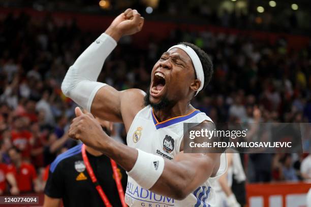 Real Madrid's Guerschon Yabusele reacts after the EuroLeague Final Four Semi-final match between FC Barcelona and Real Madrid at the Stark Arena in...