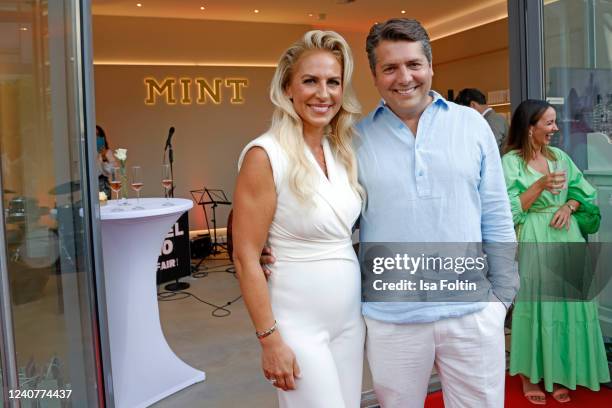 Mariana Mintcheva and Baptiste Pawlik during the opening of Germany's first dental spa by celebrity doctor Mariana Mintcheva on May 19, 2022 in...