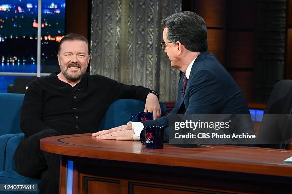 The Late Show with Stephen Colbert and guest Ricky Gervais during