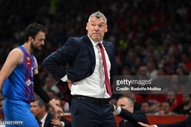 Sarunas Jasikevicius, Head Coach of FC Barcelona in action during the 2022 Turkish Airlines EuroLeague Final Four Belgrade Semifinal A match between...
