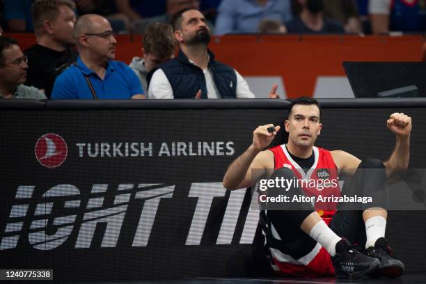 Kostas Sloukas, #11 of Olympiacos Piraeus reacts during the 2022 Turkish Airlines EuroLeague Final Four Belgrade Semifinal B match between Olympiacos...