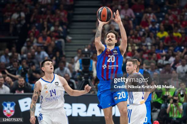 Nicolas Laprovittola of FC Barcelona shoots on the basket during the 2022 Turkish Airlines EuroLeague Final Four Belgrade Semifinal A match between...