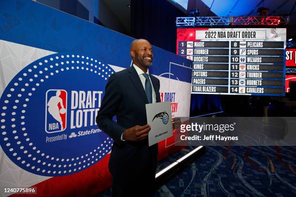 Head Coach Jamahl Mosley of the Orland Magic poses with the card after being picked 1st overall for the NBA Draft during the 2022 NBA Draft Lottery...