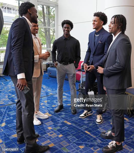 Prospects, Paolo Banchero, Trevor Keels, Mark Williams, Wendell Moore and A.J. Griffin talk during the 2022 NBA Draft Lottery at McCormick Place on...