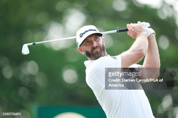 Dustin Johnson hits his shot from the 14th tee during the first round of the 2022 PGA Championship at the Southern Hills on May 19, 2022 in Tulsa,...